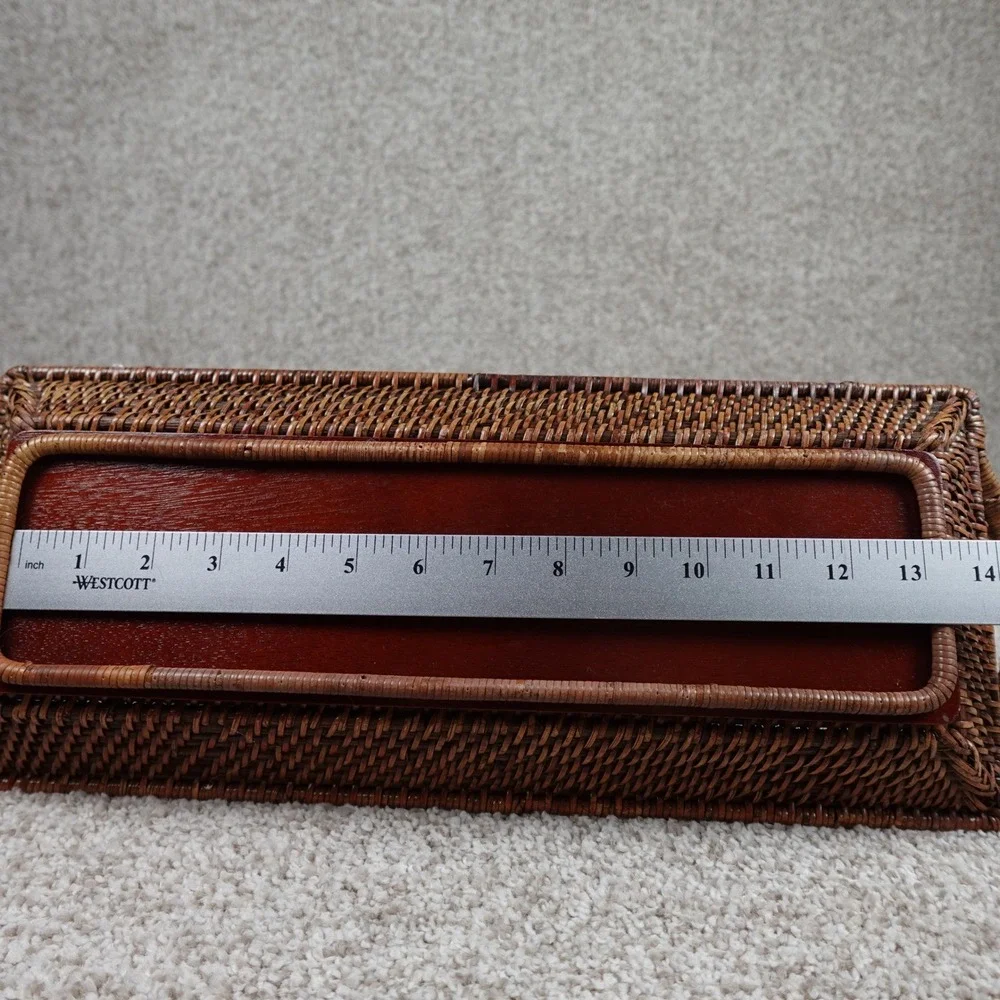 Pampered Chef Woven Selections Rattan Serving Tray Rectangular Brown Wood Base - Picture 4 of 9